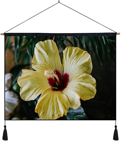 Amazon Co Jp 綿の麻 タペストリー 多機能 掛け軸 掛け物 横 80cmx60cm ハイビスカスの花黄色の熱帯エコサイト 個性 掛け軸 掛け物 掛けじく ポスター インテリア 組立式 部屋飾り壁 壁飾り ホーム キッチン