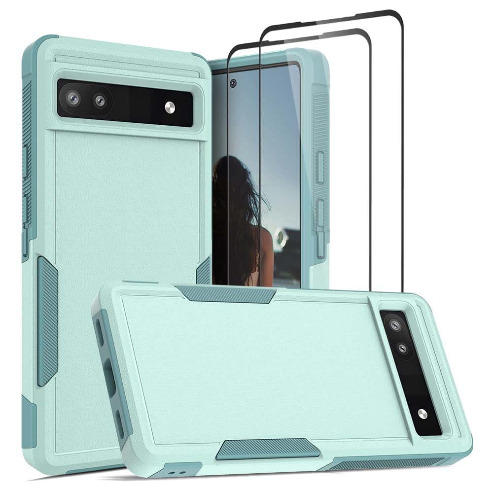 Jeylly for Google Pixel 6A Case and 2 Pack Tempered Glass Screen Protector, Heavy Duty Shockproof Anti Scratch Durable Cover Wireless Charging for Google Pixel 6A 5G, Turquoise — image 1