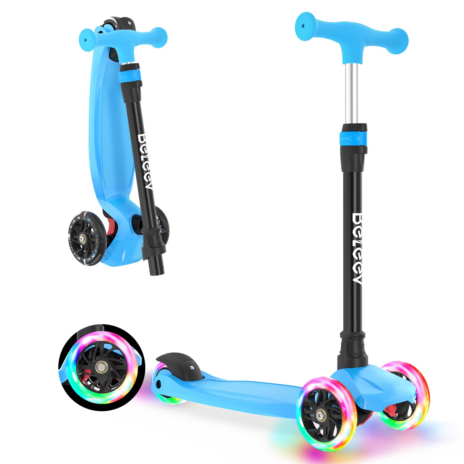 BELEEV A3 Scooter for Kids Ages 3-12, 3 Wheel Scooter for Girls Boys, Kid Scooters with Light-Up Wheels, 5 Adjustable Height, Lean to Steer, Extra-Wide Deck(Blue)