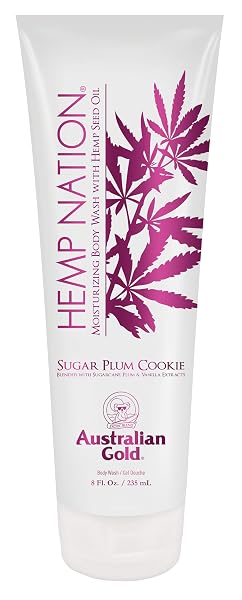 AUSTRALIAN GOLD HEMP NATION SUGAR PLUM COOKIE BUNDLE – TAN EXTENDER BODY LOTION (18 FL OZ) AND BODY WASH (8 FL OZ), DELECTABLE BLEND OF SUGARCANE, PLUM, AND VANILLA, PURE HEMP SEED OIL