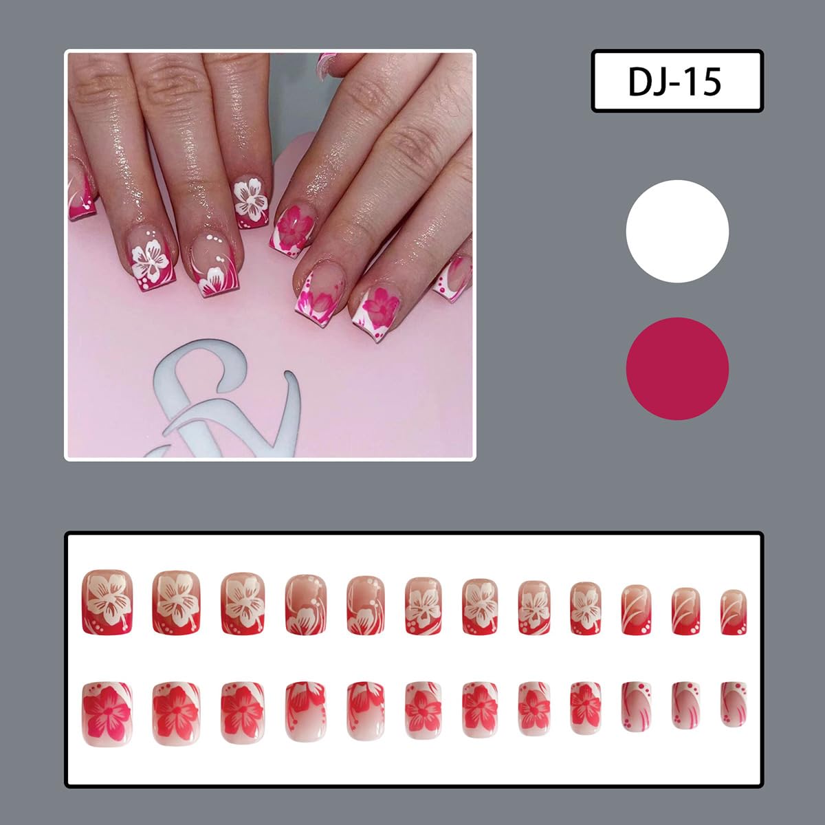 24Pcs Pink Flower Press on Nails Short Square Fake Nail Pink White French Tip Full Cover Glue on Nails Spring Summer White Flower False Nails Glossy Acrylic Nails for Women Girls Manicure Decoration - Image 2