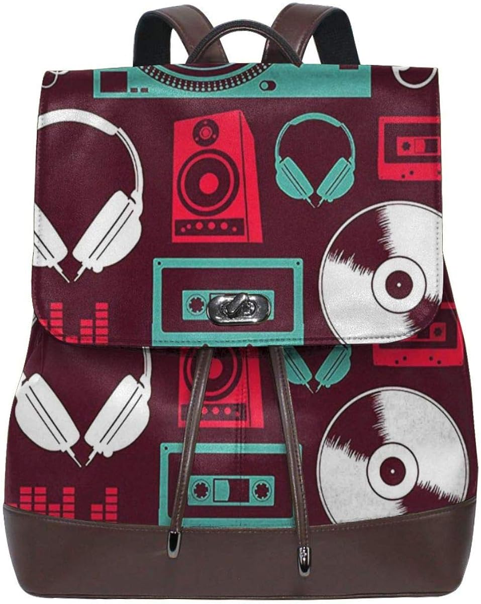 Women Leather Backpack Retro Funky Music Mix Tape Cassette, Schoolbag