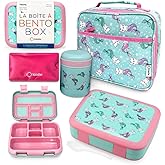 Bento Box with Stainless Steel Food Thermo for Hot Food or Soup, Insulated Lunch Bag, and Ice Pack Set for Kids Girl Toddlers. Ages 3 to 7 Pink Aqua Cat Mermaid