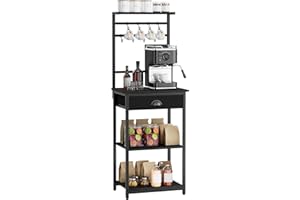 YMYNY 5 Tier Coffee Bar Station, Coffee Stand with Fabric Drawers, 8 S-Shaped Hooks, Corner Bar Cabinet, Height Adjustable, Bakers Rack for Kitchen, Living Room, Black, HBR009B