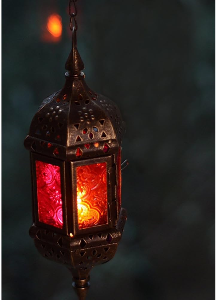 JIEDU Classic Moroccan Tonal Glass Tea Light Lanterns&Wedding Garden Decorative Glass Hanging Candle Lantern