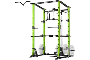 ER KANG Power Cage, 1200LBS Power Rack with LAT Pulldown, Multi-Function Squat Cage, Weight Cage with Pulley System Squat Rack for Home Gym with Training Attachment