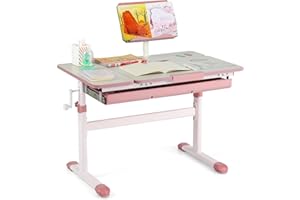 Costzon Kids Desk, Ergonomic Height-Adjustable Children Study Table w/Tiltable Desktop & Book Stand, Pull-Out Storage Drawer & Scale Ruler, Student Workstation for Writing, Drawing, Reading (Pink)