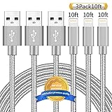 Aonsen Lightning Cable 3Pack 10FT Nylon Braided Certified iPhone Cable USB Cord Charging Charger for iPhone X/8/8 Plus/7/7 Plus/6s/6s Plus/6/6 Plus/5/5S/5C/SE/iPad Grey