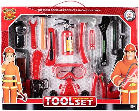 Fireman Toy Set With 12 Pieces Including Hammer, Fire Extinguisher, Chainsaw, And More.