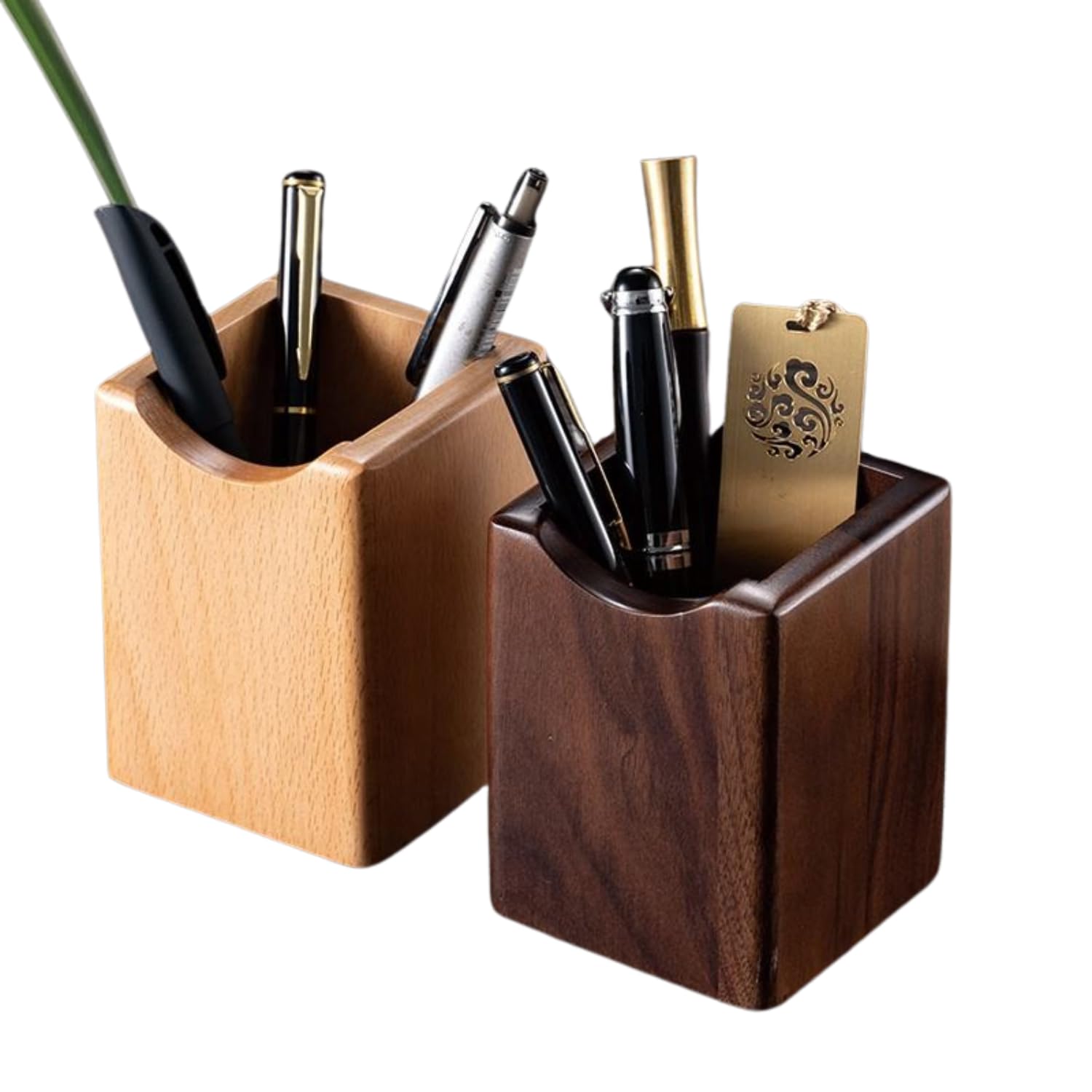 SHOPUKASA 2 Pack Wood Pen Pencil Holder Stand Multi Purpose Natural Wood Pencil Cup Pot Desk Organizer Storage Box (2 Pack (1 Beech + 1 Walnut))