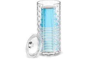 MYITYARD Bathroom Cup Dispenser, Countertop Mouthwash Cup Holder for 3 oz Disposable Paper Cups, Clear Acrylic Diamond Grain Small Cotton Rounds Storage Organizer with Lid