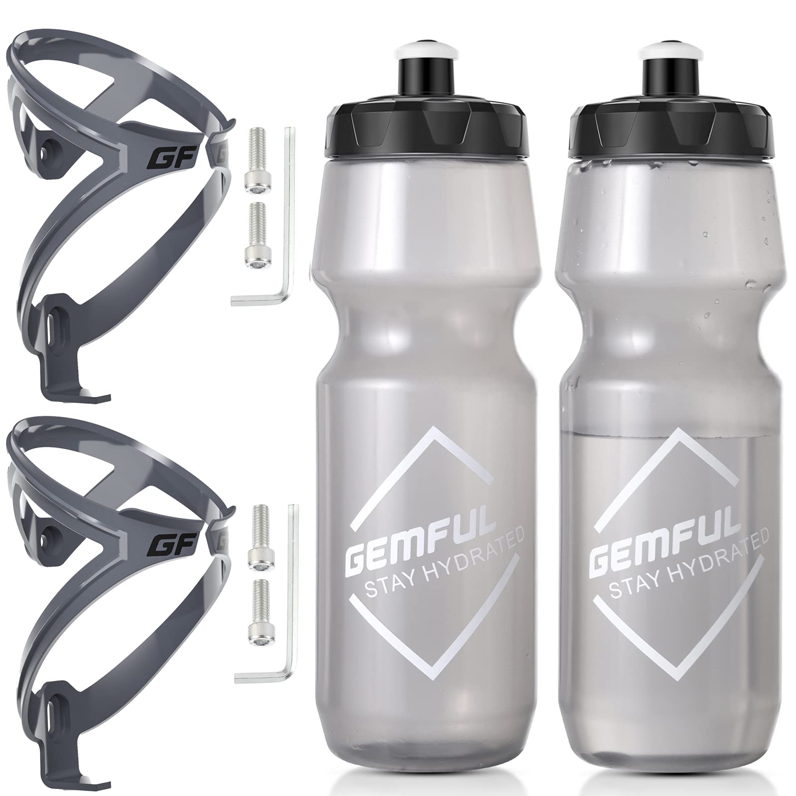 GEMFUL Bike Bottle Cage Set, 750 ml Bicycle Bottle, BPA Free for Cycling Road Mountain Bike 4 Pack(2 Gray Bottles with 2 Holders)