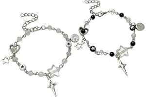 Caiyao Y2K Cool Punk Hollowed Out Pentagram Matching Beaded Bracelet Handmade Guitar Star Pendant Bracelet Aesthetic Imitation Pearl Beads Bracelet for Couples Friends BFF Jewelry Gifts