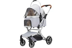 Dec-Mec Pet Stroller for Small/Medium Dogs Cats up to 40lbs with 4 Wheels -Zipperless Entry, Easy Fold, Detachable Carrier, Large Capacity Storage Basket (Grey)