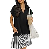Skoinvb Women's V Neck Striped Polo Dress Short Cap Sleeve Casual Loose Fit Pleated Sweatshirt Shirt Dress with Pockets Black L