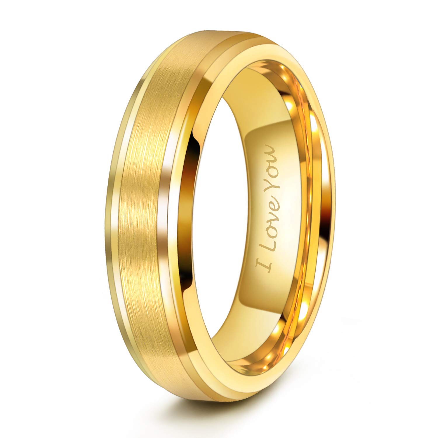 TRUMIUM Anillo de boda chapado en oro de 24 quilates de 0.236 in para hombres y mujeres, anillo de tungsteno grabado I Love You, ajuste cómodo sólido, tamaño 10,5