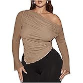 MakeMeChic Women's Plus Size Casual Mesh One Shoulder Lettuce Trim Ruched Asymmetrical Hem Tee Shirt Tops