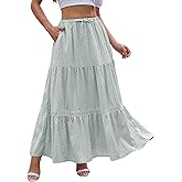 DJT Women's Boho Elegant Lace Trim Swing Tiered Maxi Skirt High Waisted Tie A Line Flowy Long Skirts with Pockets