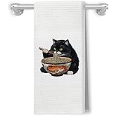 XUNLURY Black Cat Kitchen Hand Towels Bathroom Decor, Funny Japanese Noodle Cat Dish Towels Tea Towels for Kitchen,16x24 Inch