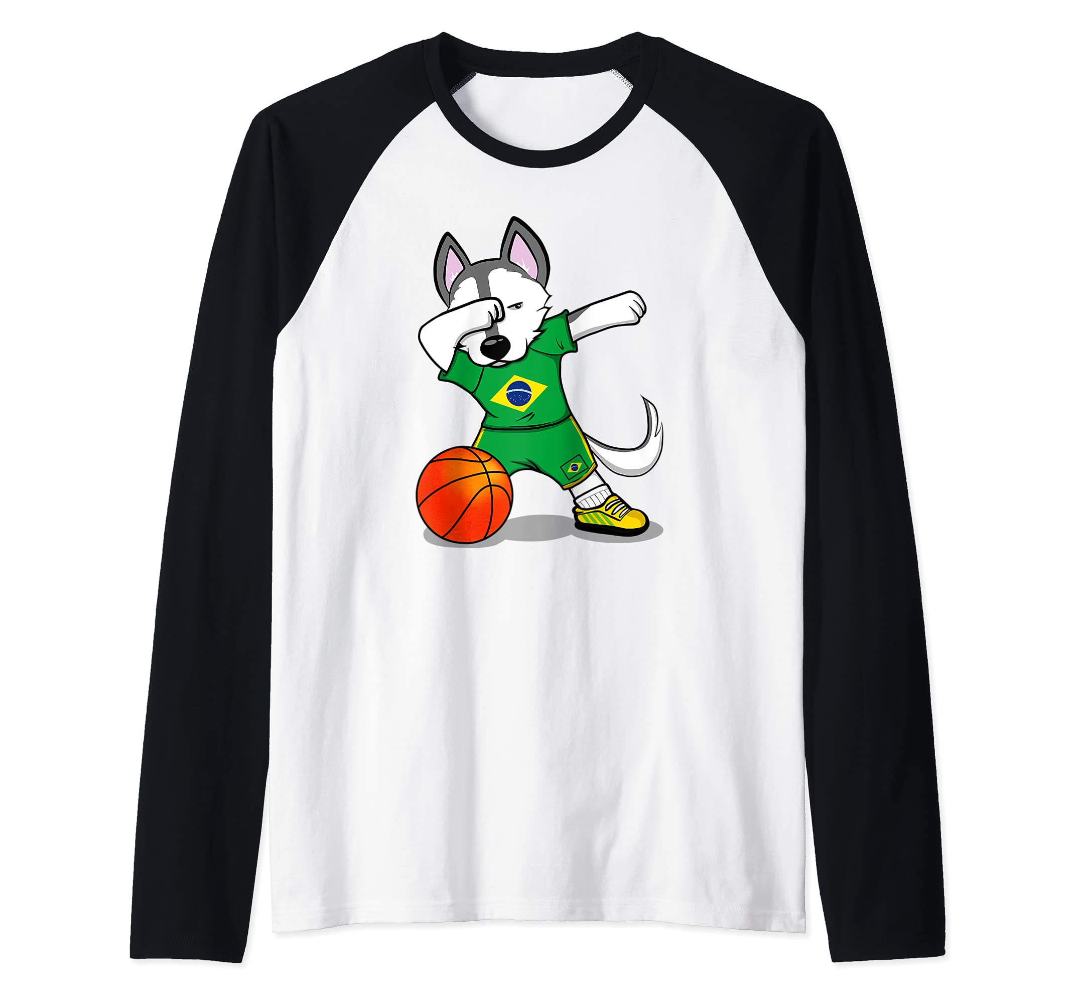 Dabbing Husky Brazil Basketball Fans Jersey Brazilian Flag Raglan Baseball Tee
