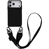 CQUUKOI Crossbody Phone Case Compatible with iPhone 17 Pro Max, Cute Soft Silicone Cover with Lanyard Adjustable Shoulder Strap Shockproof Protector Women Girls Black