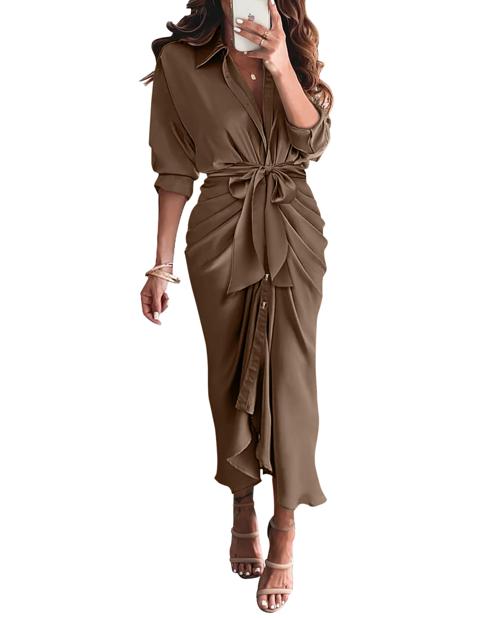Photo 1 of BTFBM Maxi Dresses for Women Fall 2025 Long Sleeve Lapel Neck Button Down Elegant Satin Belted Ruched Summer Shirt Dress(Dark Brown, Small)