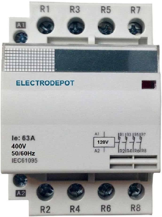 Electrodepot63Amp NO Contactor 4 Pole, w Auxiliary NO/NC, Coil 120VAC Heating or Lighting Designer Modular with Status Indicator