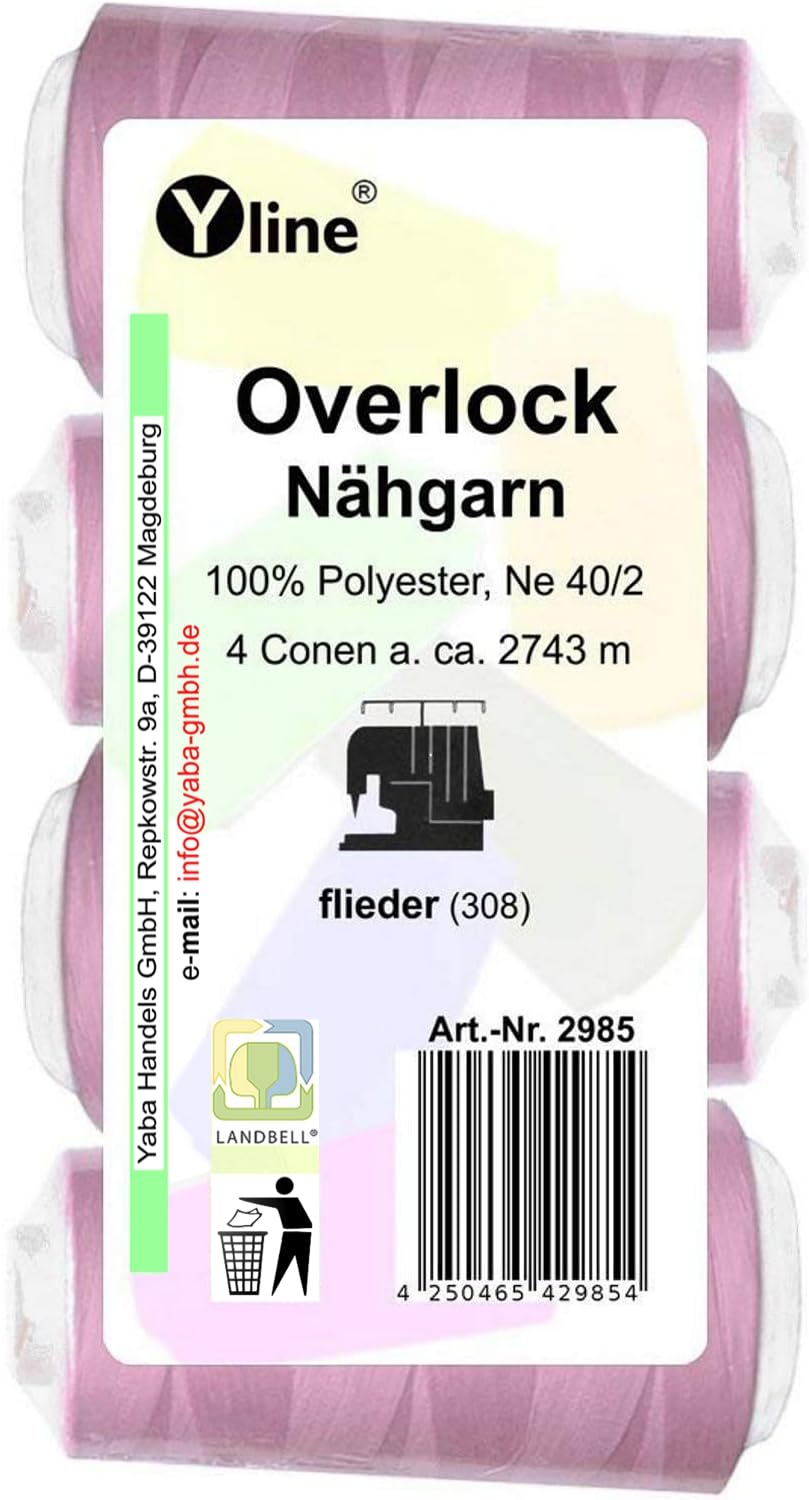 Set of 4 Spools Overlock Sewing Cotton, Lavender, 2,743 m, NE 40/2, 100 % Polyester Sewing Thread, Yarn Sewing 2985