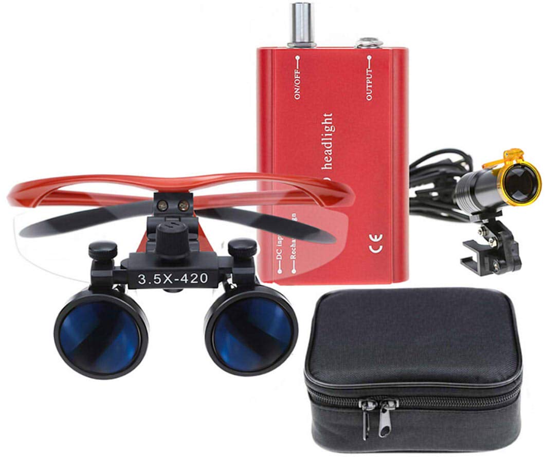 BONEW 3.5X Surgical Binocular Loupes Optical Glass + 5W LED Headlight Powerfullight with Clip-on Type + Cloth Bag DY-008 (Red)