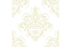 VaryFloral White and Gold Damask Wallpaper Stick and Peel Golden Victorian Floral Damask Wallpaper for Living Room Sticky Rem