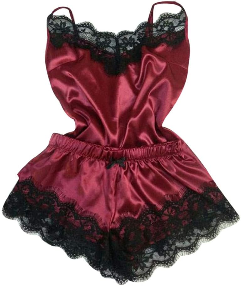 Women Sleepwear Sleeveless Strap Sleepwear Lace Trim Satin Top Pajama Sets Suit Erotic Underwear Nightwear