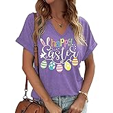 PUCKOLITY Happy Easter V Neck Shirts for Women Cute Easter Bunny Rabbit Eggs Graphic T-Shirt Holiday Christian Shirt Tops
