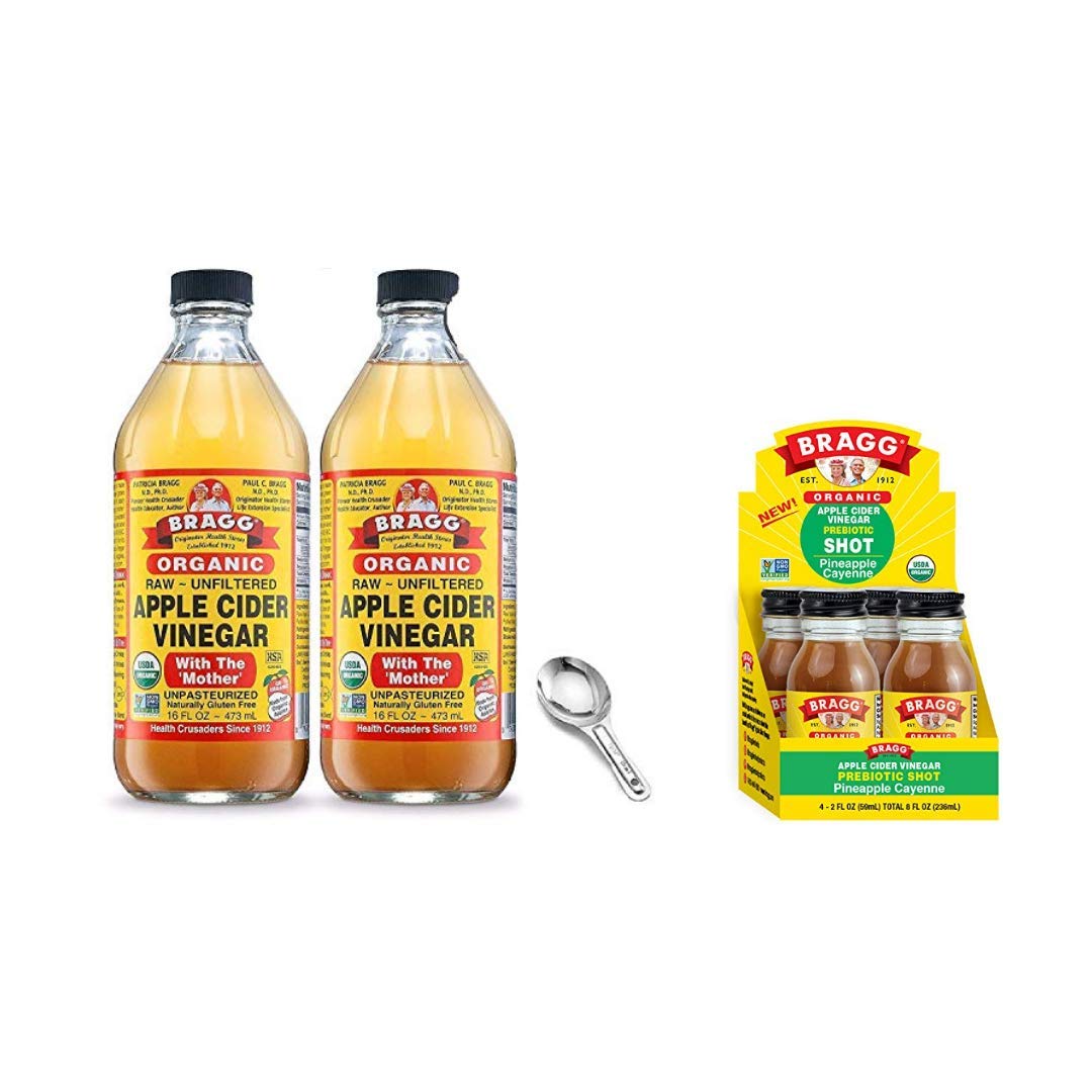 Bragg Organic Apple Cider Vinegar With the Mother 16 Oz Pack of 2 w/ Measuring Spoon and Bragg Organic Apple Cider Vinegar Shot with Pineapple Cayenne 2 Oz ACV Shot Pack of 4 Bundle