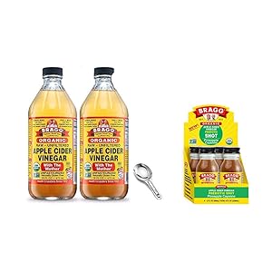 Bragg Organic Apple Cider Vinegar With the Mother 16 Oz Pack of 2 w/ Measuring Spoon and Bragg Organic Apple Cider Vinegar Shot with Pineapple Cayenne 2 Oz ACV Shot Pack of 4 Bundle