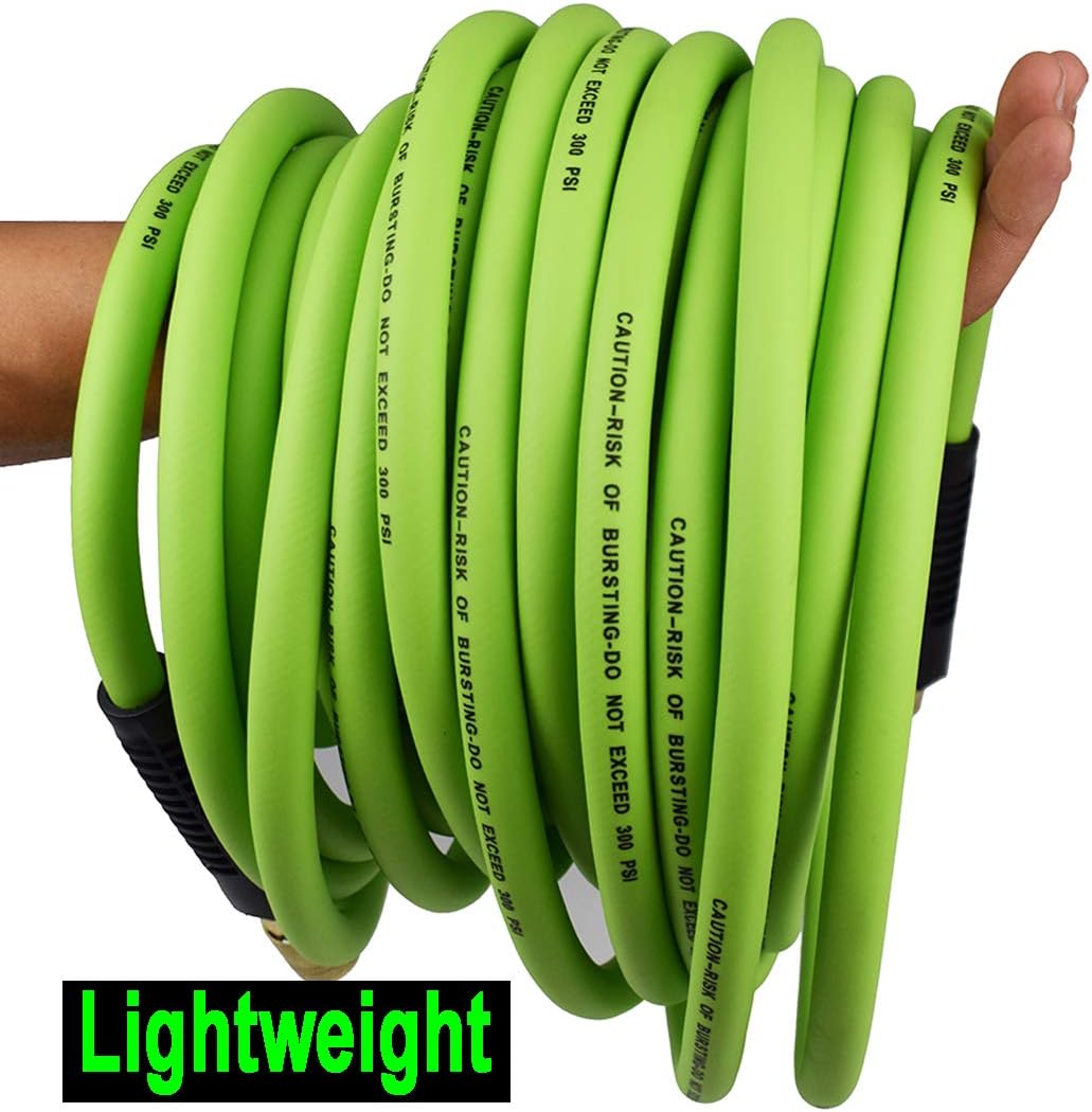 YOTOO Hybrid Air Hose 3/8-Inch by 50-Feet 300 PSI with 1/4-Inch Industrial Solid Brass Quick Coupler Fittings and Bend Restrictors for Heavy Duty, Lightweight, Flexible at All Weather Use, Green - - 
