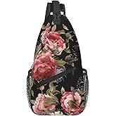 COFEIYISI Dark Vintage Floral Pattern Sling Bag for Women Men Watercolor Peonies and Delphinium Crossbody Backpack Cute Spring Flower Print Sling Backpack Casual Shoulder Bag Travel Hiking Daypack