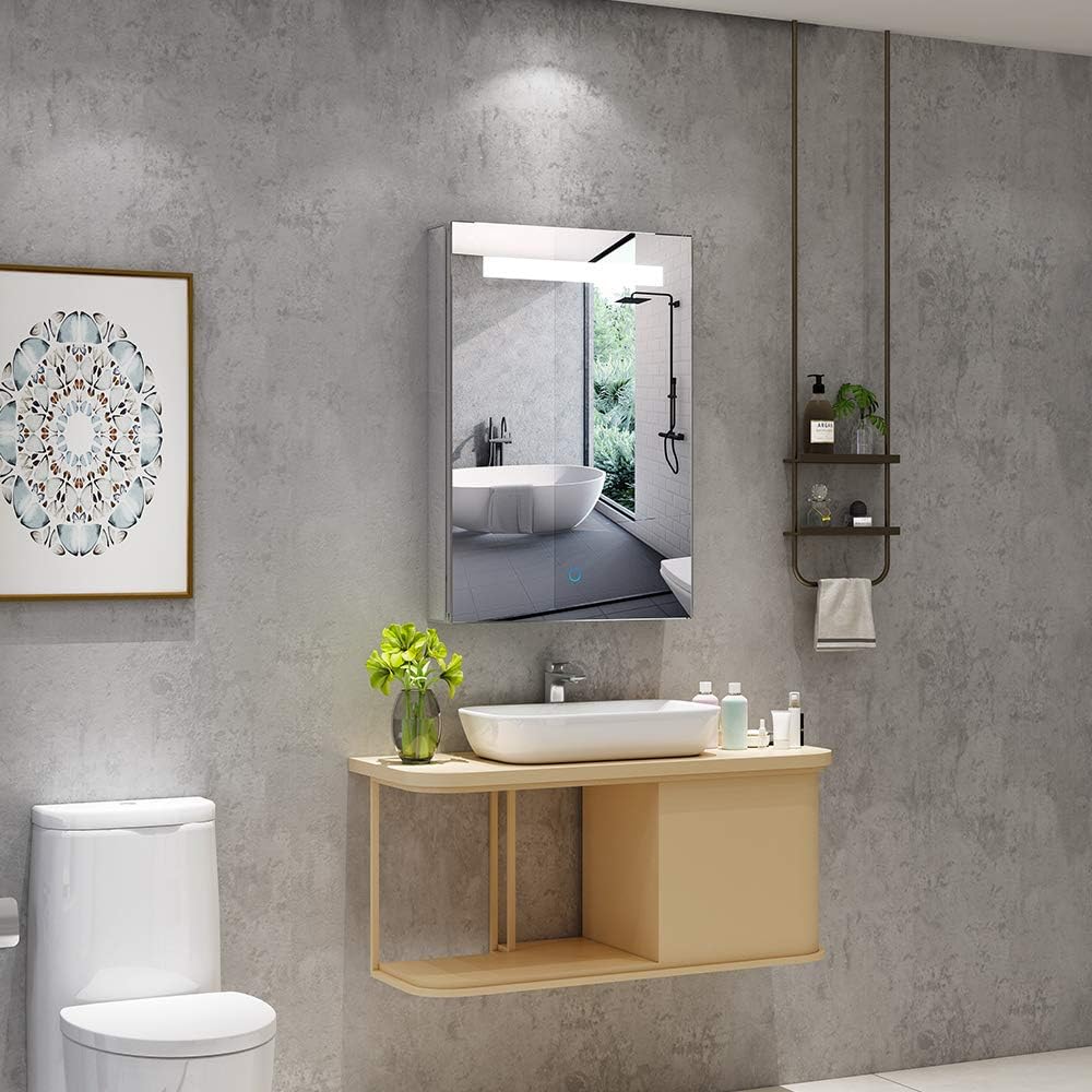 Quavikey®LED Bathroom Mirror Cabinet With Shaver Socket Illuminated Bathroom Cabinet With Mirror Built-in Defogger,Adjustable Light,Removeable Shelf,Aluminum,400x600 mm - Image 3