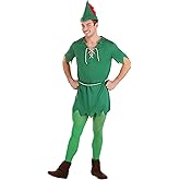 Mens Storybook Peter Pan Costume, Leader Of The Lost Boys Outfit With Tunic, Tights, Bycocket Style Hat, And A Tie Cord Belt
