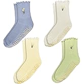 ERMO NKES 4 Pairs Cute Pilates Grip Socks for Women - Ruffle Top Non Slip Yoga Socks with Embroidery, Barre Grippy Socks