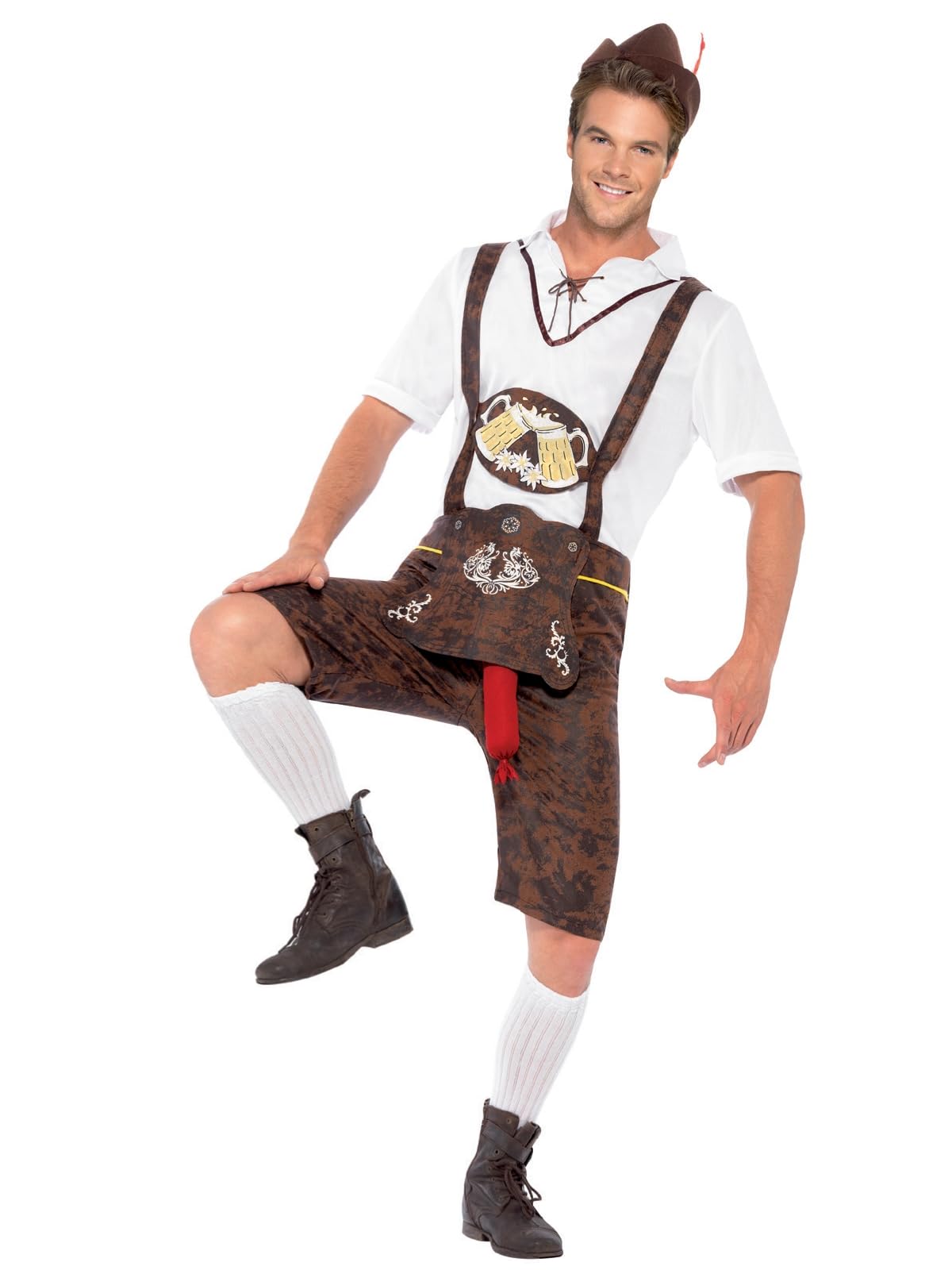 Smiffys Brad Wurst Costume, Brown Lederhosen, Shirt & Hat, Fancy Dress, Adult Dress Up Costumes