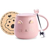 Pink Ceramic Coffee mug Cute Cat Handmade Tea Cups with Stainless Steel Spoon Kitty Cup Unique Hot chocolate Novelty mugs Christmas Birthday for Girls Women (Pink)