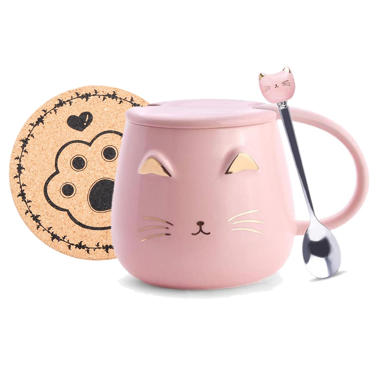 XinHuiGY Pink Mug,Ceramic Coffee Mugs,Cute Cat Cup Handmade Tea Cups with Lid and Tea Spoon Kitty Cups,Hot Chocolate Novelty Mugs Christmas Birthday Mother Day Gift for Girls Women (Pink)