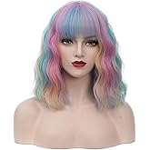 Cying Lin Short Bob Wavy Colorful Wig Rainbow Fun Wig For Women Cosplay Halloween Wigs Heat Resistant Bob Party Wig (Rainbow)