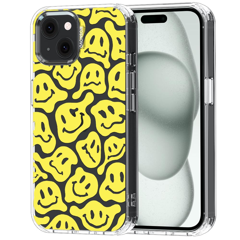 MOSNOVO Case for iPhone 15 Plus / 14 Plus [Buffertech 6.6ft Military-Grade Drop Protection] [Anti Peel Off Tech] Clear TPU Bumper Phone Case - Melted Yellow Smiles Face — image 1