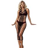comeondear Sexy Fishnet Lingerie Dress for Women Bodystocking Deep V Hollow Midi Dress Swimsuit Babydoll Clubwear