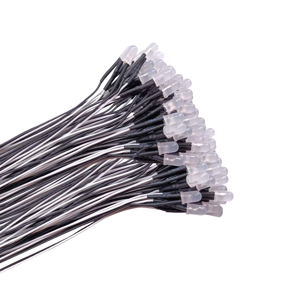 YIXISI 100 PCS 5mm LED Diodes Light with Diffused Colored Lens, Ultra Bright 12V 20cm Pre Wired, White