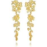 JGHIFLYE Chic Dangle Flower Earrings for Women, Boho Statement Elegant Vintage Thick Gold Chunky Floral Jewelry Petal Earrings for Party Wedding
