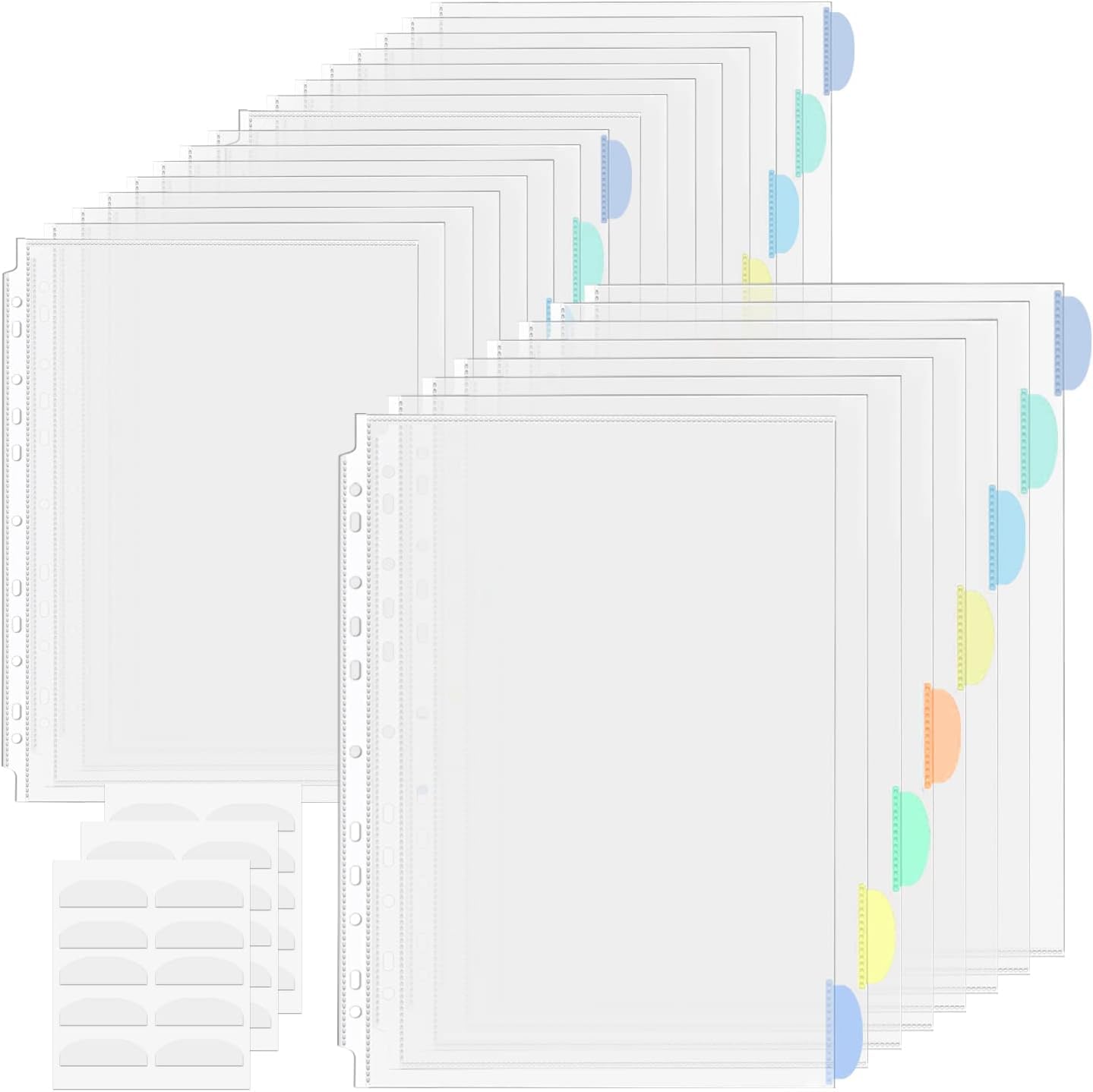 24 Pack A4 Plastic Sleeves Binder Separators with Tabs Binder Pocket 11 Holes Tabs Divider Binder Folders for 2/3/4 Ring Document Pouch Transparent for School Home Office