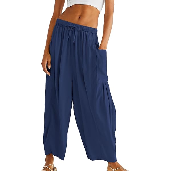 MALINFANDOR WOMEN’S OVERSIZED LOOSE PANTS COTTON LINEN WIDE LEG ELASTIC WAIST RELAX FIT BLOOMERS TROUSERS WITH POCKETS(DARK BLUE,M)