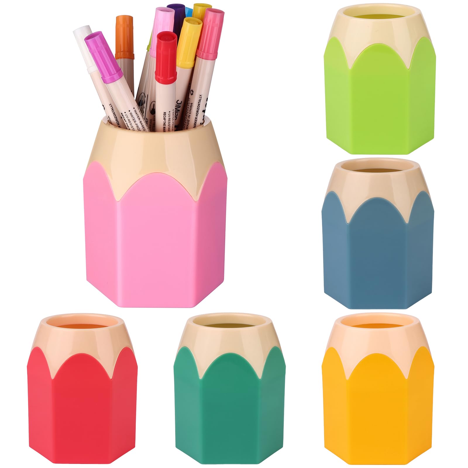 ULELE 6 Pcs Plastic Pen Vase and Pencil Pot - Shaped Holder, Cup, Storage Organizer - Colorful Creative Tip Design for Students, Office, School